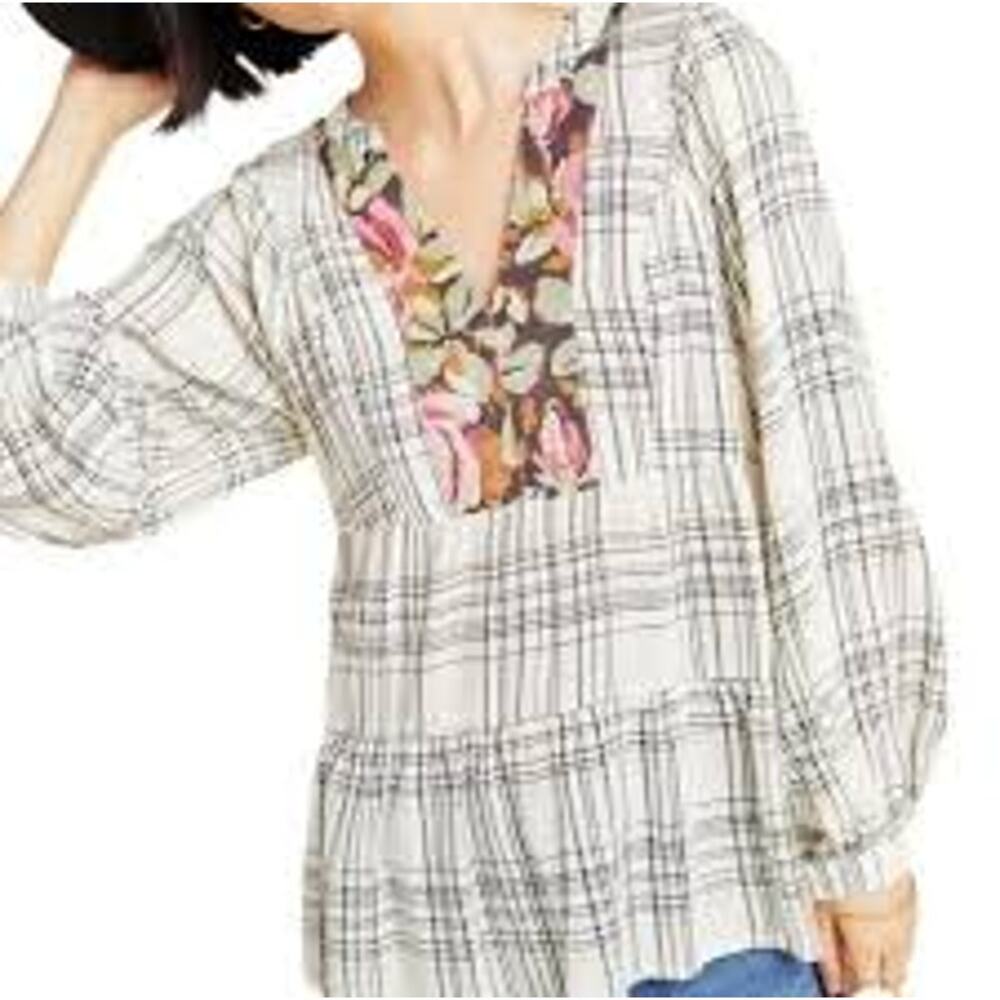 Anthropologie Darlene Plaid Floral Hi-Lo Detail Peasant Top Women's Size XS